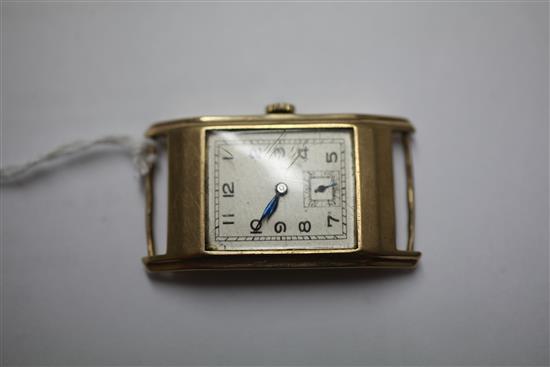 A gentlemans 1930s 9ct gold Longines manual wind wrist watch, no strap.